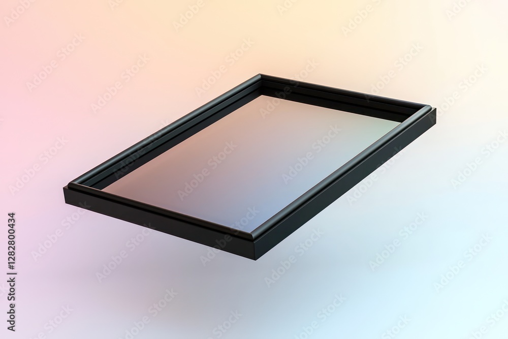 Poster soft gradient backdrop hosts a sleek black frame in 3d, floating symmetrically, perfect for branding
