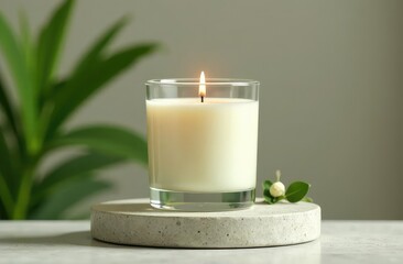 Aesthetic composition with aromatic candle in jar on concrete podium. Mockup soy wax candle in natural style. Scented handmade candle with green leaves.  Handmade spa product  from soy wax in glass