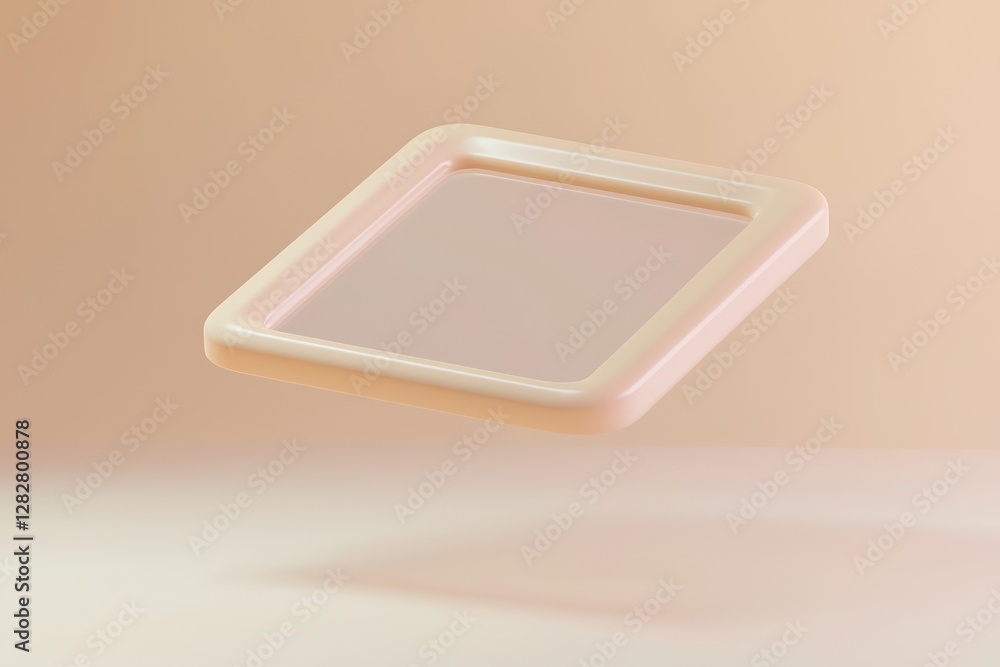 Poster neutral gradient backdrop enhances a minimalist 3d frame with floating pale blush accents.