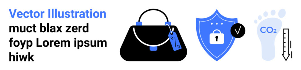 Black handbag with tag, shield with lock for security, carbon footprint icon, and thermometer. Ideal for sustainability, e-commerce, eco-shopping, cybersecurity, retail emissions flat landing page