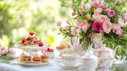 Elegant Afternoon Tea Party Setting with Delicate Pastries and Roses