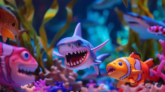 Amusing cartoon characters at a fun and vibrant aquarium