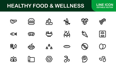 Healthy Food and Wellness Icons Set. Essential Icons for Healthy Eating, Nutrition, and Wellness Lifestyle