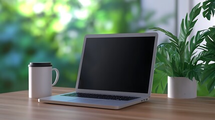 Fototapeta premium Laptop, coffee mug, plant on wooden desk, blurred green background.