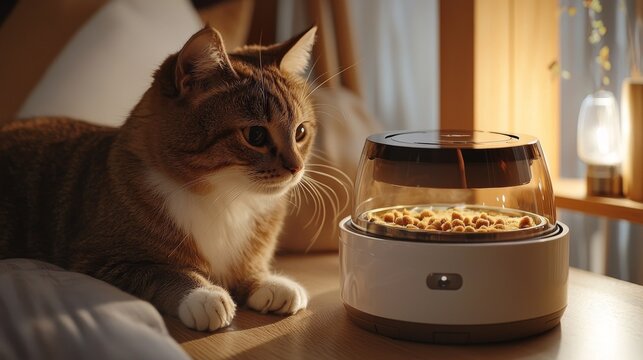 Curious cat watching automatic pet feeder while sitting comfortably on bed in cozy interior environment