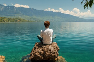 Man Meditating on Lake Shore with Mountain View in Tranquil Summer Landscape