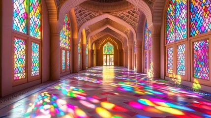 Obraz premium Colorful Stained Glass Windows in a Gorgeous Architectural Hallway