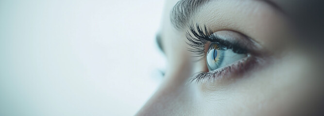 이쁜 여자의 긴 속눈섭이 보이고  맑은 눈망울을 보고 있다.
I can see the long eyelashes of a pretty woman and I am looking at her clear eyes.