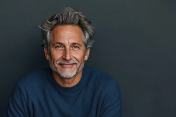 Fototapeta premium Portrait of a Mature Man with Gray Hair and Warm Smile, Wearing a Blue Sweater Against a Neutral Background