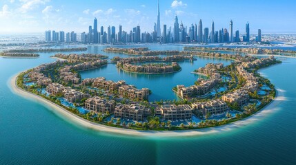 Luxurious island resort with Dubai skyline view