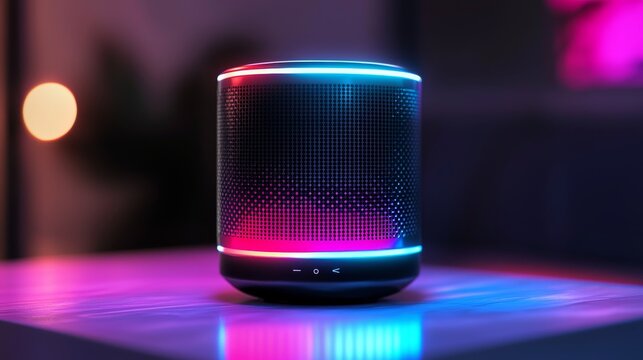 Modern colorful bluetooth speaker with neon lighting in a contemporary living space setting