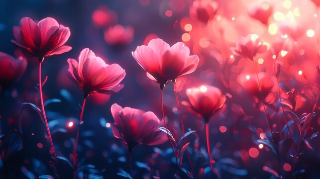Enchanting field of glowing pink flowers with soft bokeh and dreamy background lighting in a magical garden