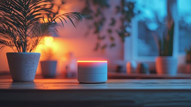 Modern smart home device glowing in a cozy indoor setting surrounded by indoor plants and soft lighting atmosphere