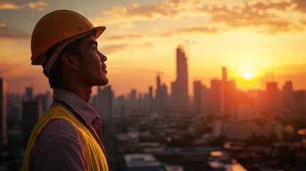 A construction worker in a safety helmet, his face illuminated by the warm glow of the setting sun, stands against the backdrop of a bustling urban skyline, a testament to human ingenuity and the