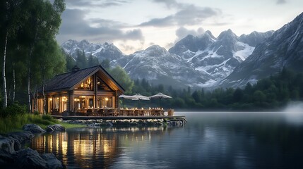 Fototapeta premium Serene Lakeside Cabin Retreat in the Majestic Alps