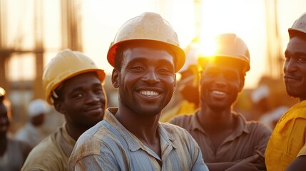 A group of smiling engineers and construction workers, united in a shared purpose, gathered at a bustling construction site, their faces illuminated by the warm glow of the setting sun.