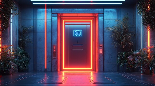 Futuristic elevator entrance with neon lights and lush greenery in a modern urban environment