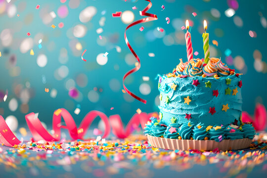 Colorful Celebration Gift Box
Celebration at the Wall. Birthday celebration concept
Single lit candle on a small birthday cake with pink frosting and colorful confetti on a blue-pink gradient backgrou