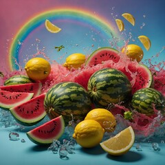 "A surreal composition of floating fruits—watermelons, lemons, and dragon fruits—against a swirling rainbow background with a painterly texture."