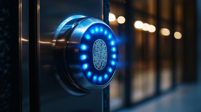 Modern fingerprint door lock with blue led lights in a contemporary setting for enhanced security and access control