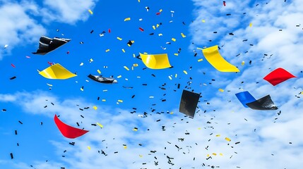 Colorful confetti falling against a blue sky