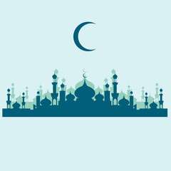 Mosque Silhouette with Minarets for Eid Mubarak and Ramadan Kareem Celebration. Islamic decor and art vector drawing.