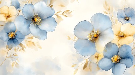 Watercolor painting of light blue and yellow flowers on a white background,
