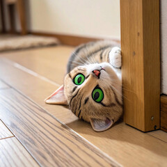 Naklejka premium cat on a wooden table, Curious gray cat peeking over a white surface.