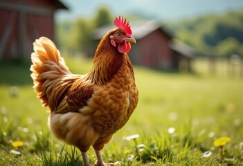 Fototapeta premium Golden Chicken in Grassy Field by Red Barn
