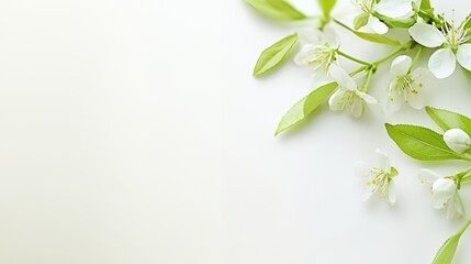 Fototapeta premium White Cherry Blossoms and Green Leaves on White Background