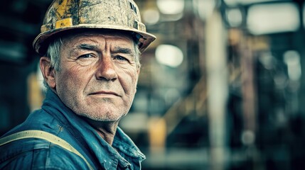 A construction worker, his weathered face etched with determination, stood proudly amidst the vibrant, bustling industrial site, a testament to human ingenuity and the pursuit of progress.