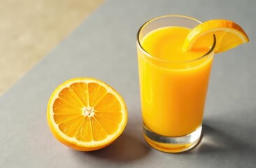 Miinimal orange juice flat lay. Fresh orange and glass of juice on trendy colors gray and yellow background.
