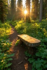 Sunlit Forest Path with Wooden Bench: Tranquil Nature Retreat at Sunrise