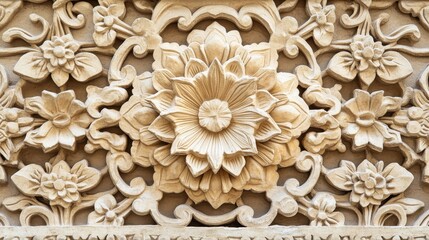 Ornate Floral Relief Carving of Lotus and Blossoms on Stone Surface