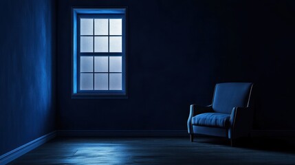 Night room, armchair, window, moonlight, dark interior, calm mood, relaxation