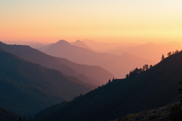 Fototapeta premium Breathtaking Sunset Over Majestic Mountains: A Serene Landscape of Peaks and Valleys bathed in Warm Colors at Dusk in a Scenic Natural Environment