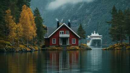 Fototapeta premium Red Cabin, Fjord, Cruise Ship, Autumn Colors, Calm Waters