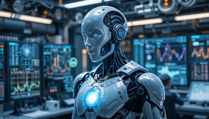 Next-Gen AI Robot with Holographic Display in a Futuristic Command Center