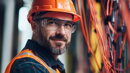 A confident construction worker, clad in an orange hard hat and safety glasses, stands proudly amidst vibrant electrical wires, his expression radiating pride and dedication to his safety-conscious