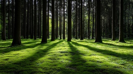 Fototapeta premium Sunbeams illuminate mossy forest floor.