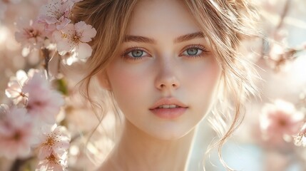 Fototapeta premium Young woman with blue eyes among pink cherry blossoms.