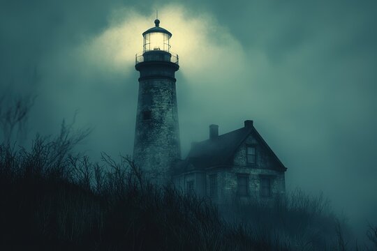 spooky old lighthouse stands amidst dense fog, with ghostly lightkeeper glow illuminating eerie scene. atmosphere is mysterious and haunting