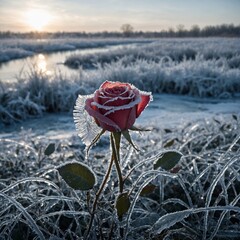 A frost-covered rose in icy grass, with a frozen river in the distance.