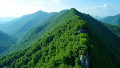 Fototapeta premium Lush Green Mountain Ridges with Distant Figure on Peak