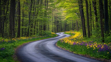 Fototapeta premium Winding Country Road Through Spring Blooming Forest