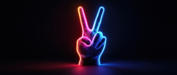 Neon peace sign hand gesture, dark background, digital art, website banner