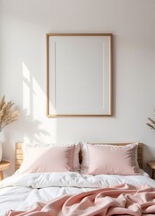 Minimalist Bedroom with Blank Art Frame and Pink Accents