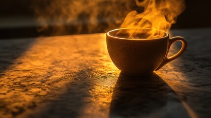 A steaming coffee cup, bathed in the warm glow of the midday sun, rests on a textured surface, where light and shadow dance in a captivating interplay, creating a sense of tranquility and inviting