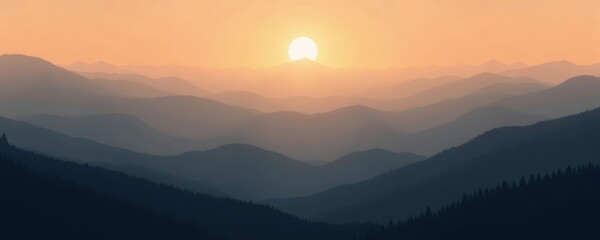 Obraz premium Minimalist Mountain Landscape with Rising Sun and Haze