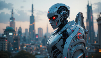 Battle-Ready AI Robot: Futuristic Warrior in a Dystopian City